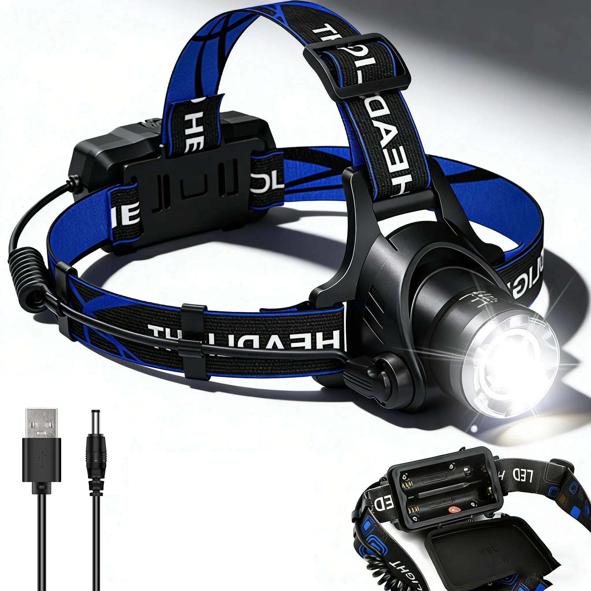 Rechargeable Powerful LED Headlamp with Zoomable Headlight - Outdoor Waterproof High Lumen Work Head Light use 18650 battery