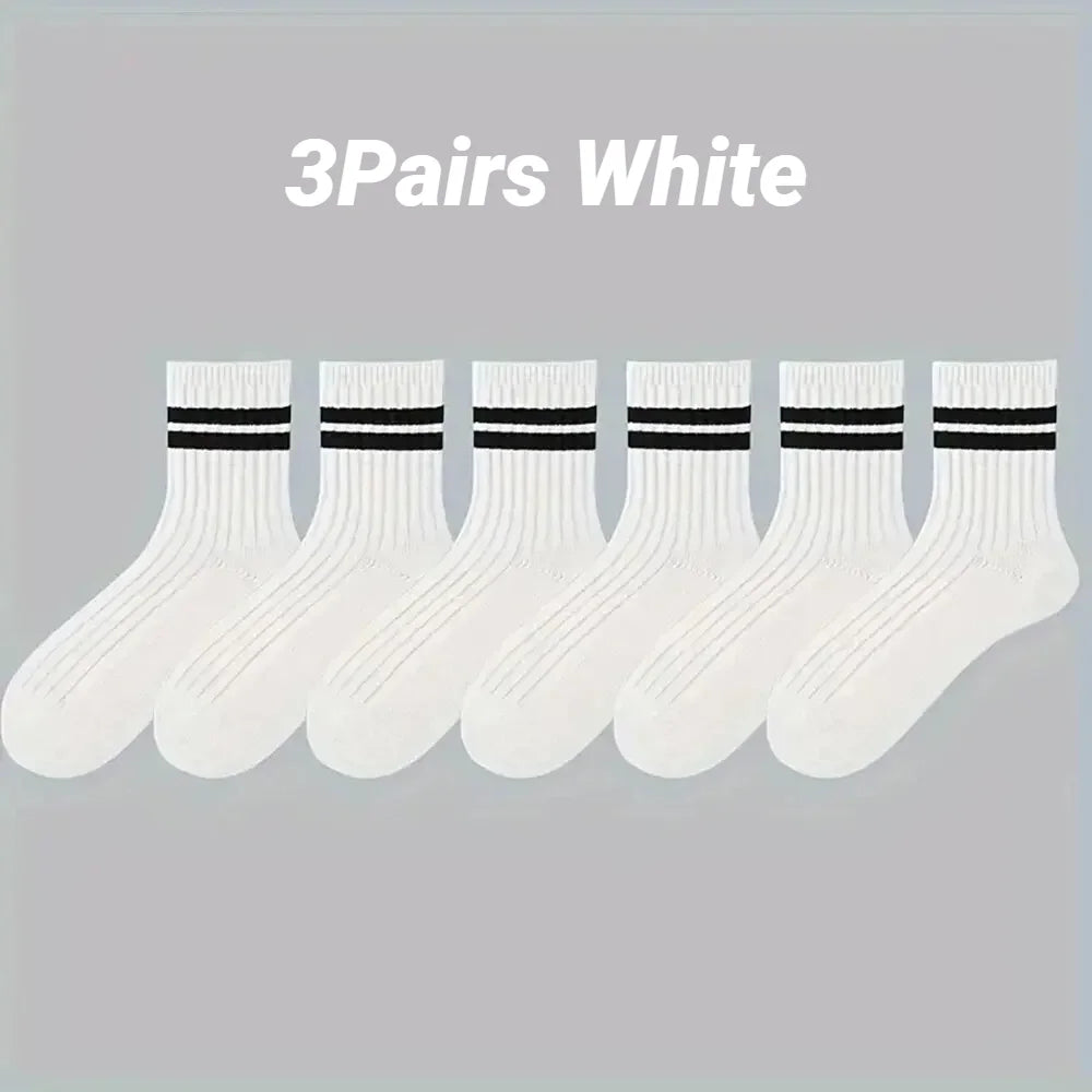 2026 Summer Mens Socks Spring Autumn Simple Casual Black White Striped Breathable Mid Tube High Quality Round Neck Socks