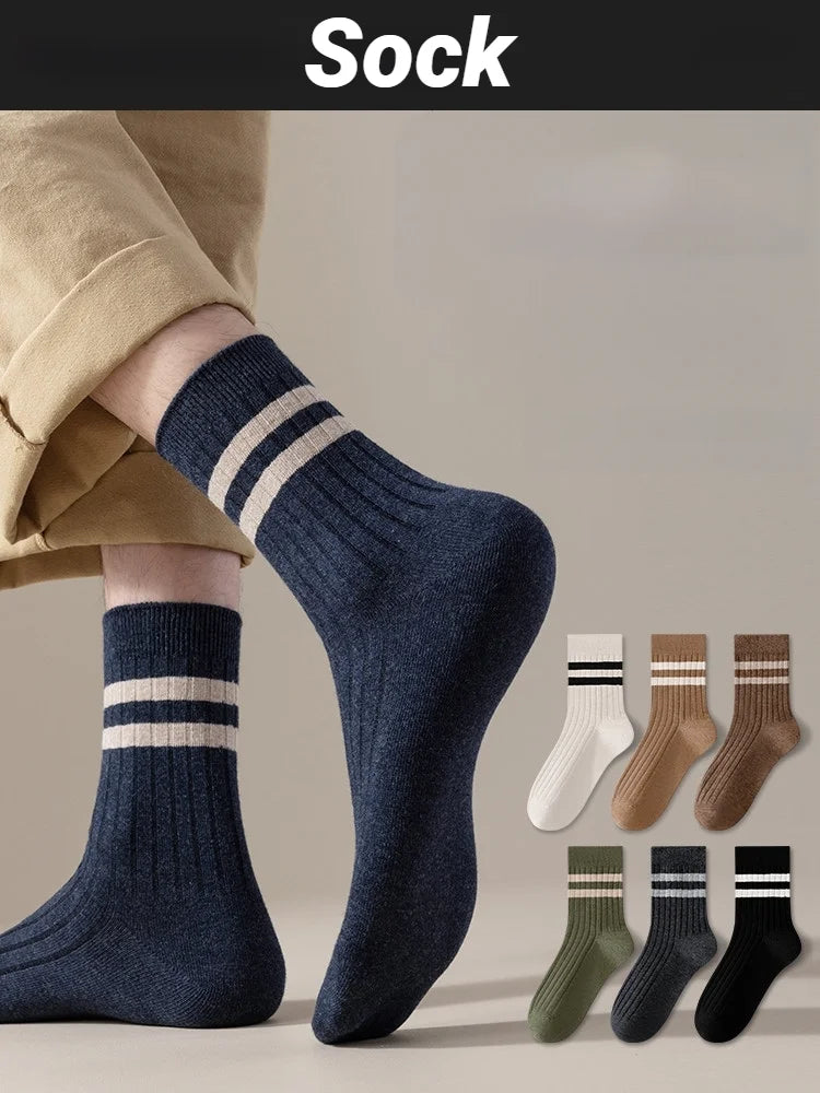 2026 Summer Mens Socks Spring Autumn Simple Casual Black White Striped Breathable Mid Tube High Quality Round Neck Socks