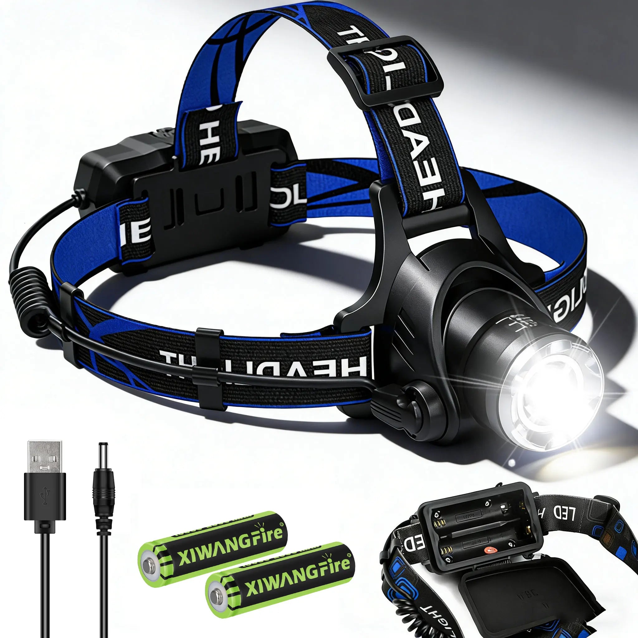 Rechargeable Powerful LED Headlamp with Zoomable Headlight - Outdoor Waterproof High Lumen Work Head Light use 18650 battery